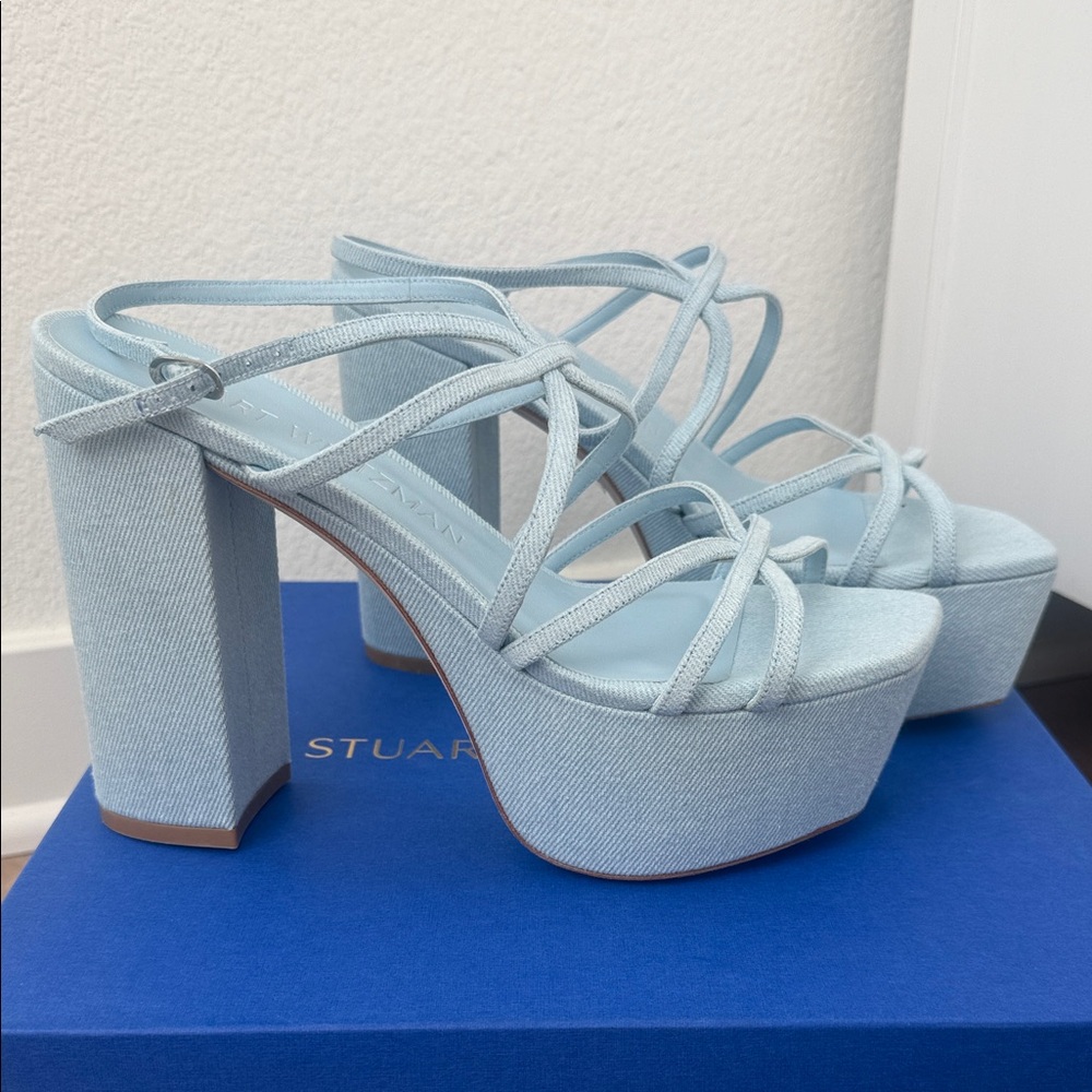 Stuart Weitzman Barelythere Square High 140MM Denim Strappy Platform Sandals